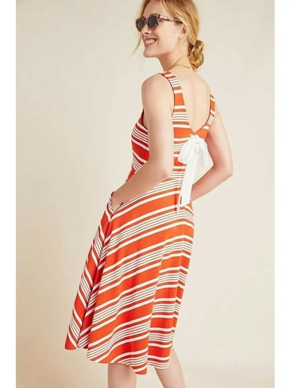 Hutch striped tank fit flare dress shift orange red white tie pockets Small